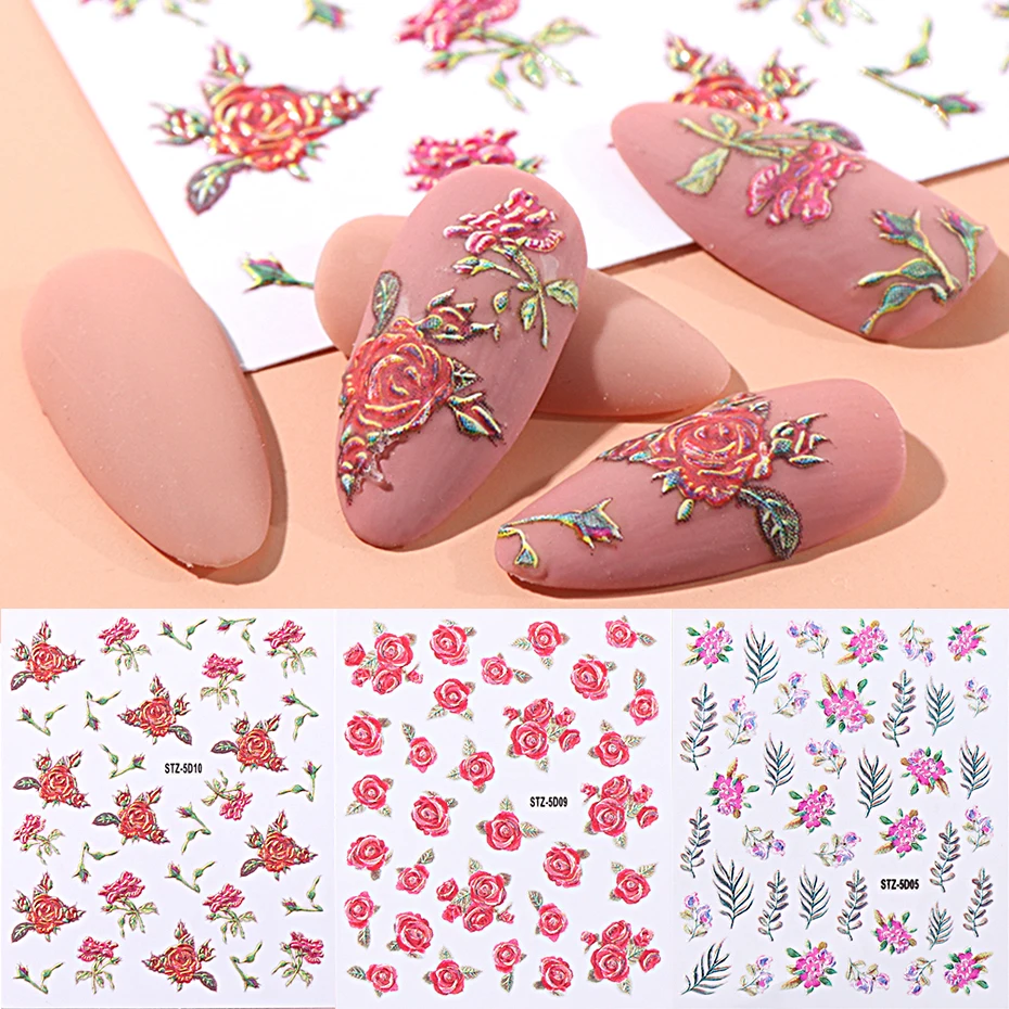 1 шт 5D стикер для ногтей с гравировкой, цветочный дизайн, клейкая пленка, Переводные картинки, сделай сам, маникюрный слайдер, 3D наконечники для украшения ногтей, LASTZ5D01-18