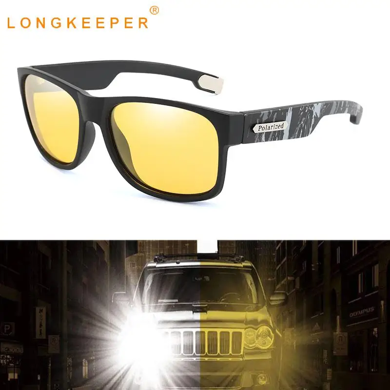 

LongKeeper Night Vision Sunglasses Men Fashion Polarized Car Driving Sun Glasses Square Yellow Lens Glasses Safty Goggles