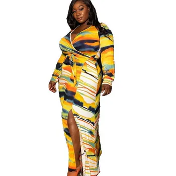 

Plus Size Dress Womens Spring Long Sleeves Dress High Waist V Neck Sexy Bohemian Dresses with Lace-up Wholesale Drop Shipping