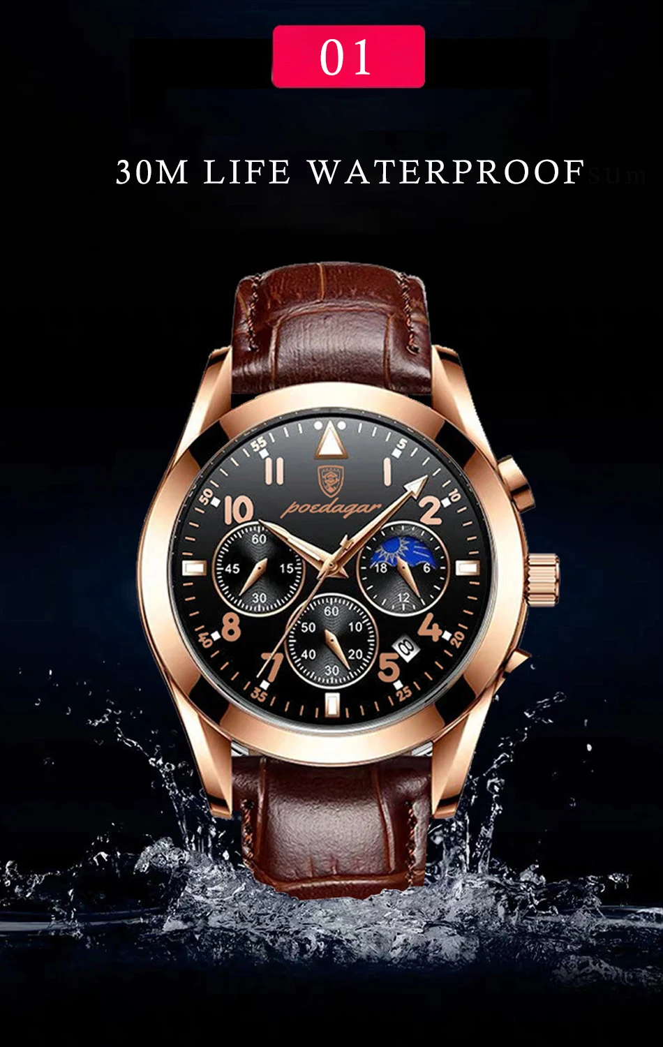 POEDAGAR 2021 Fashion New Mens Watches Sports Leather Watch Waterproof Luminous Top Brand Luxury Quartz Wristwatch with Date