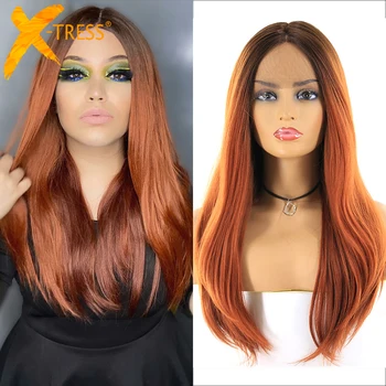 

X-TRESS Lace Front Synthetic Hair Wigs For Women Dark Roots Auburn Orange Blonde 613 Ombre Colored Straight Lace Wig Middle Part