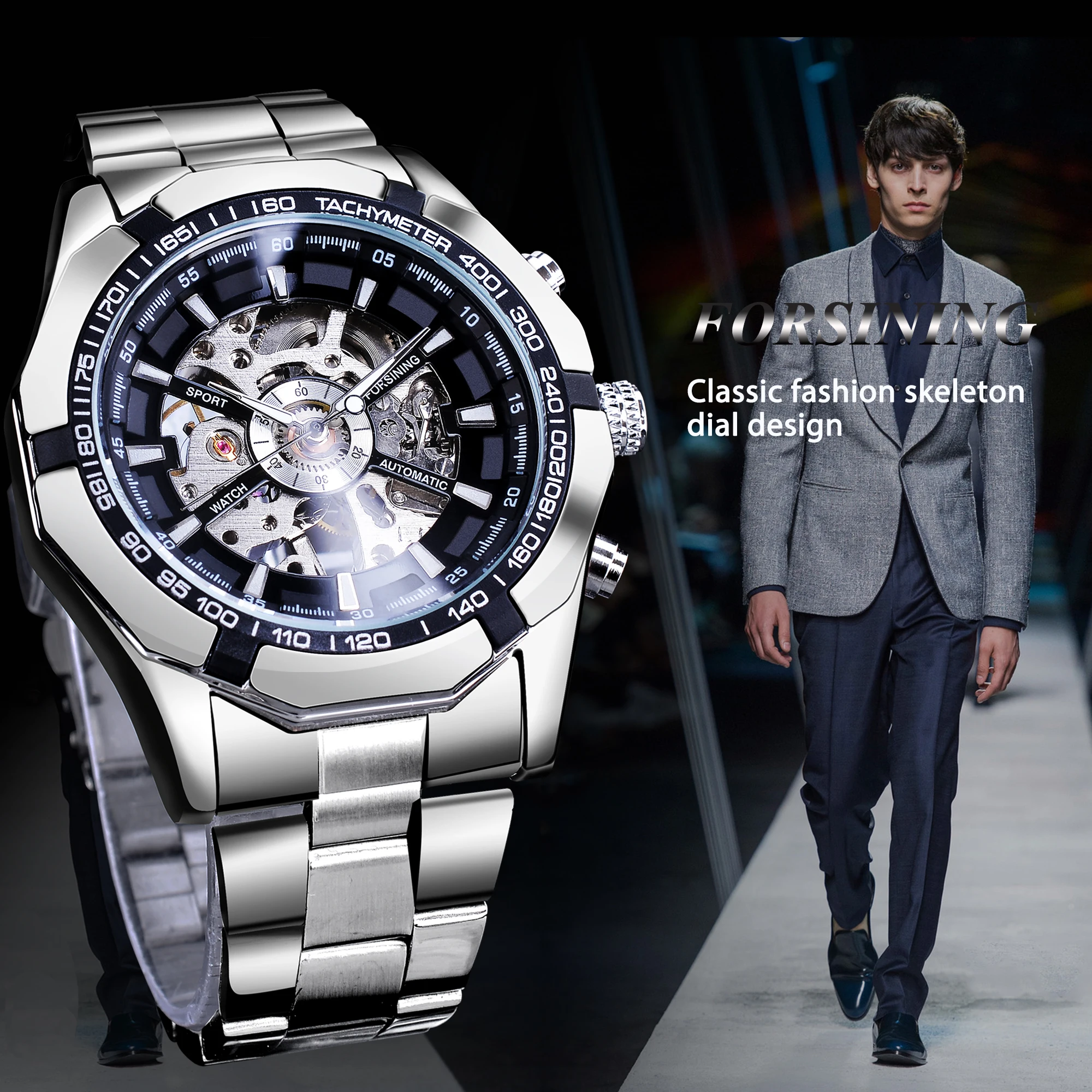 Silver Stainless Steel Waterproof Military Sport Casual Mechanical Wrist Watch Mens Watch Luxury Clock