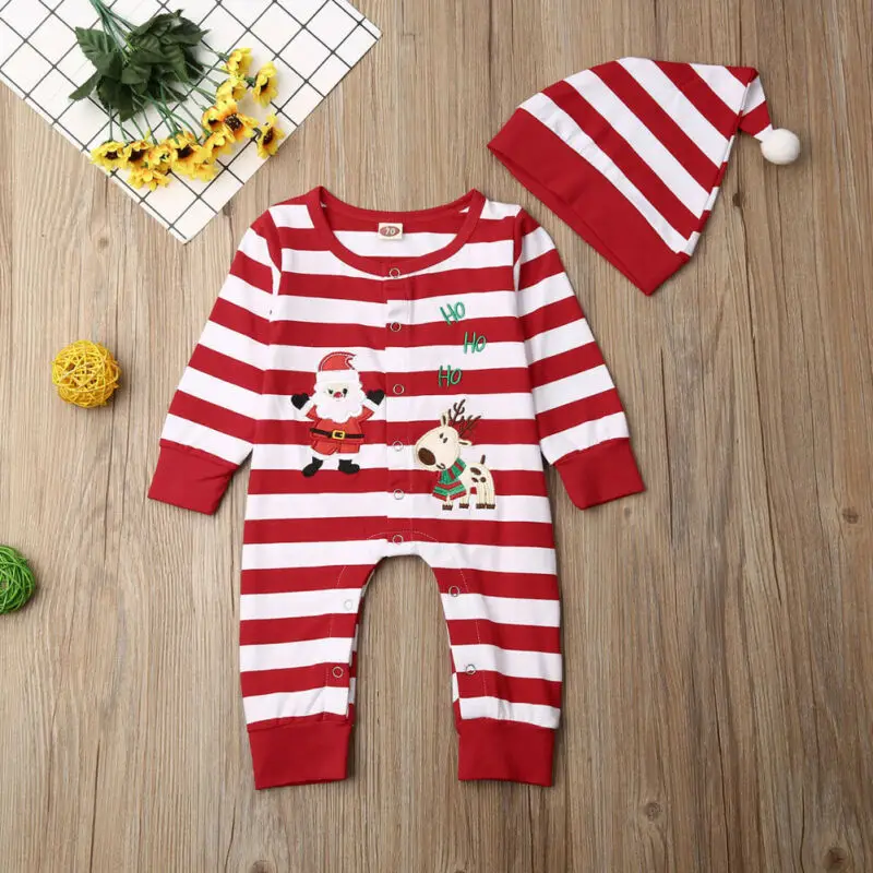 

My First Christmas Newborn Set One-Pieces Clothing Baby Boy Girl Striped Romper+Hat Xmas Clothes Set