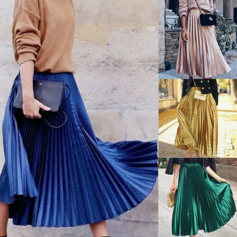 New Spring 2020 Women Long Metallic Silver Maxi Pleated Skirt Midi Skirt High Waist Casual Party Skirt Vintage Autumn Warm Skirt New Spring 2020 Women Long Metallic Silver Maxi Pleated Skirt Midi Skirt High Waist Casual Party Skirt Vintage Autumn Warm Skirt