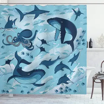 

Shark Shower Curtain, Inhabitants of Ocean Sharks Whales Dolphins Octopus Jellyfish Starfish with Waves Image, Cloth Fabric