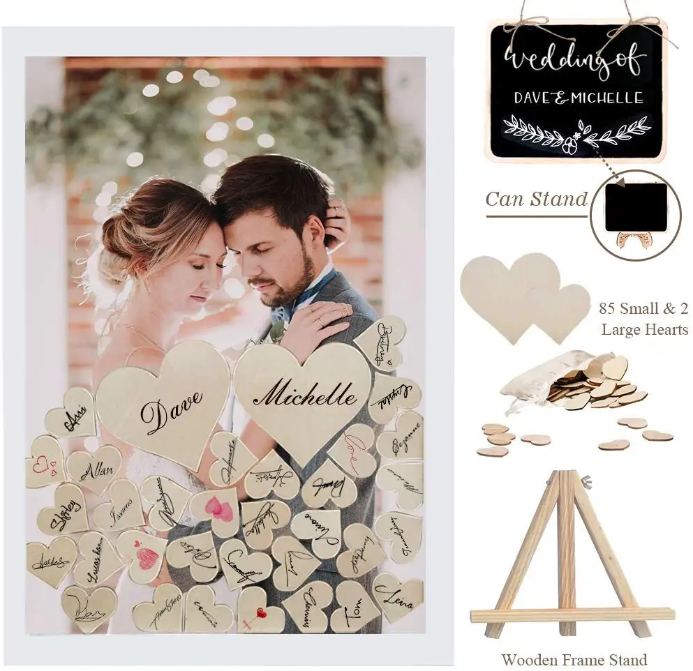 

OHEART Wedding Guest Book Wooden Picture Frame With Display Stand 1 Black Board For Wedding Baby Shower Anniversary (White)