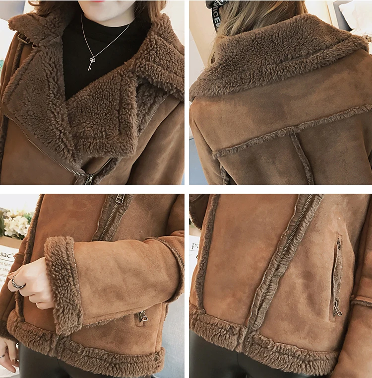 Модное пальто из овечьего меха, женская зимняя короткая мотоциклетная одежда, новинка, плюс бархатная куртка большого размера, женские зимние пальто V1142