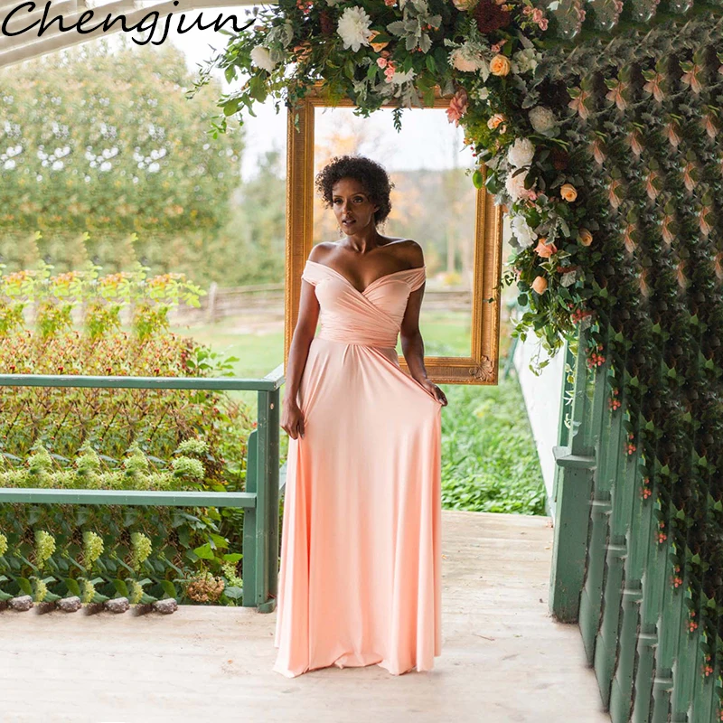 

Chengjun Most Popular Off Shoulder V Neck Peach Long A-Line Bridesmaid Dresses