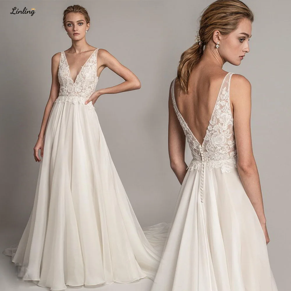 

LINLING Fashion Backless V Neck Wedding Gown Floor Length Lace Appliqued A-Line Chiffon Boho Wedding Dress