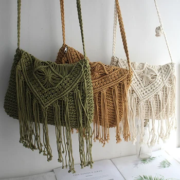 Handmade Cotton Woven Knitted Tassel Crossbody Bag Vintage Shoulder Messenger Bag Female Fashion Beach Summer Handbags for Women - Image 3