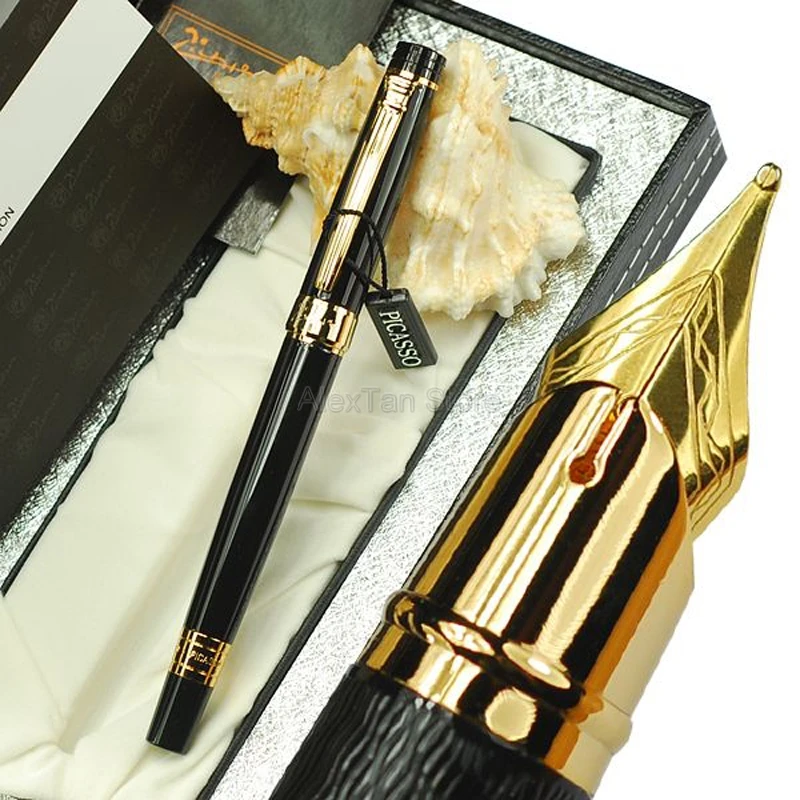 Picasso 917 Metal Fountain Pen Gloss Black And Golden Medium Nib For Office Business Writing Pens New