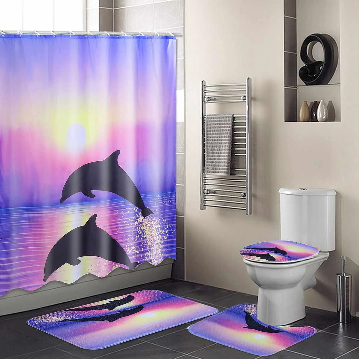 Dolphin Waterproof Bathroom Shower Curtain Toilet Cover Mat Non-Slip Rug Set