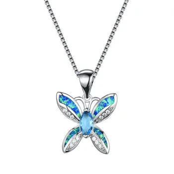 

Cute Butterfly Pendant Animal Necklaces For Women White Blue Fire Opal Stone Necklace Female Vintage Fashion Birthstone Jewelry