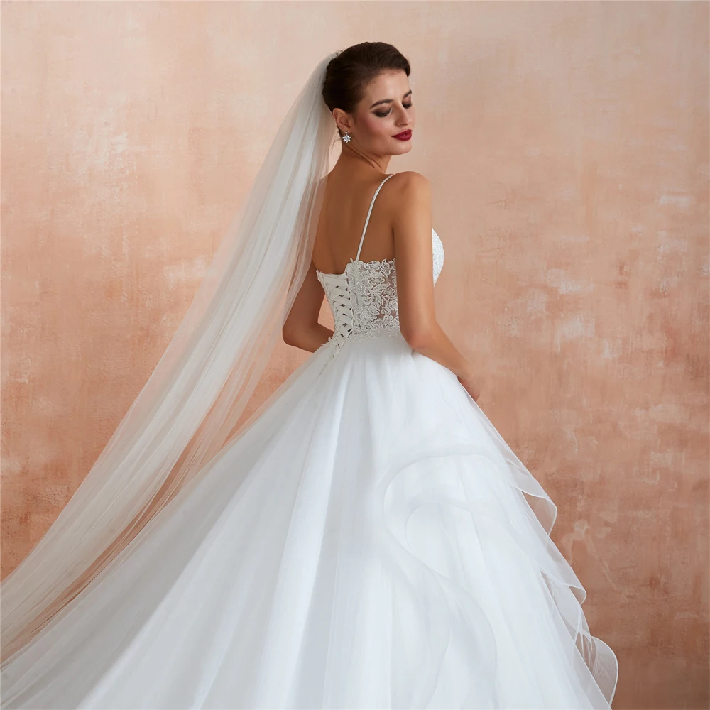 Princess Lace Appliques Long Wedding Dress White Ivory Tulle Bride Wedding Gowns Sexy V Neck Open Back Ball Gown Wedding Dresses (1)