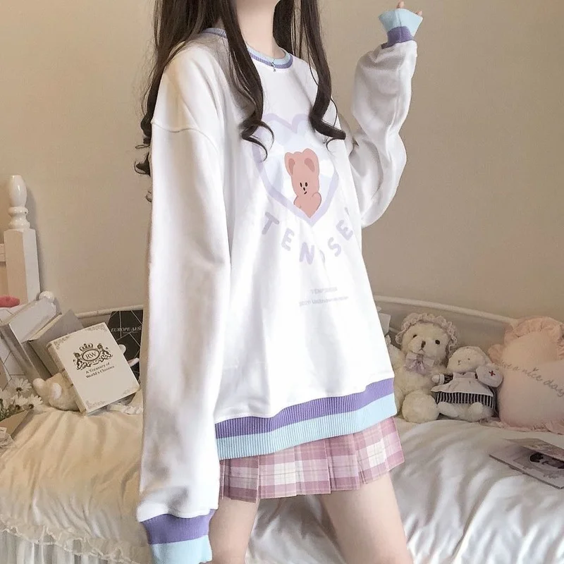 2021 Autumn Bear Hoodies Femme Patchwork Pullovers Sweatshirt Women Fashion Kawaii Clothes MINGLIUSILI Casual Long Sleeve Top