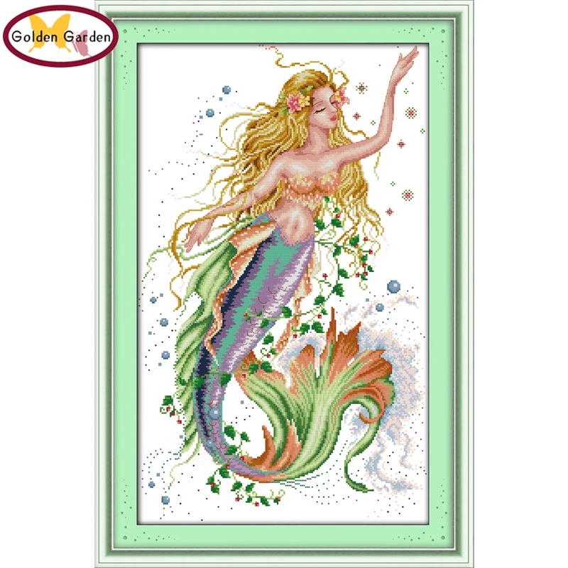 

GG The Mermaid Cross Stitch Kits Printing for 14CT or 11CT Count Fabric Count Fabric Cross-stitch Kit Embroidery Needlework