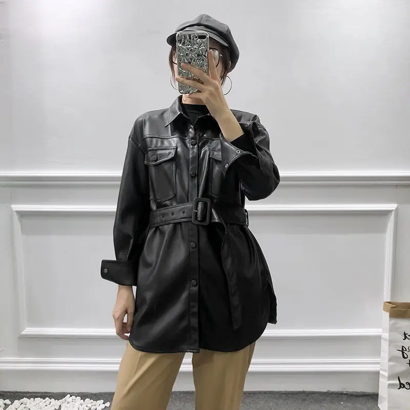 Pu Leather Coat Women Winter Single Breasted Long Sleeve Solid Female Coat With Belt Vintage Pockets Buttons Outwear Ladies Tops