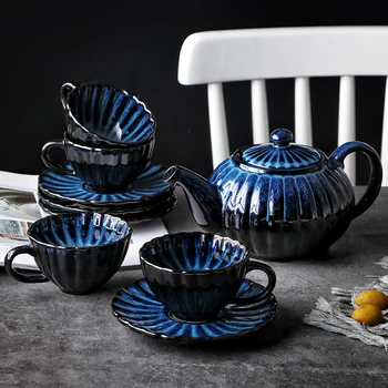 

NIMITIME European Style Ceramic Blue Series Teapot Water Coffeecup Flower Design Tea Cup Set Drinkware