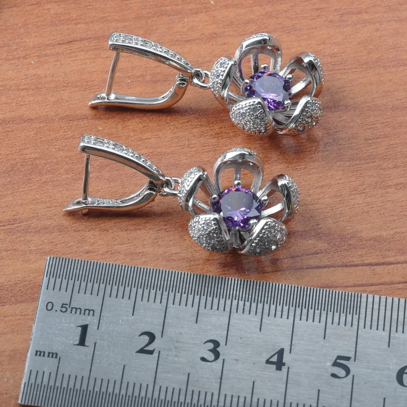 925 серебряные ювелирные наборы для женщин Свадебные ювелирные изделия серьги с фиолетовым кристаллом кольца браслет ожерелье набор Рождественский подарок JS0614