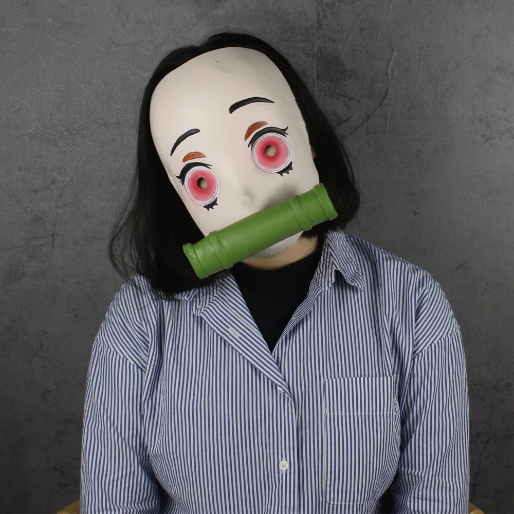 Маска для косплея «Demon Slayer Kimetsu no Yaiba Kamado Nezuko», латексная бамбуковая маска на все лицо, Вечерние Маски на Хэллоуин, карнавал, реквизит