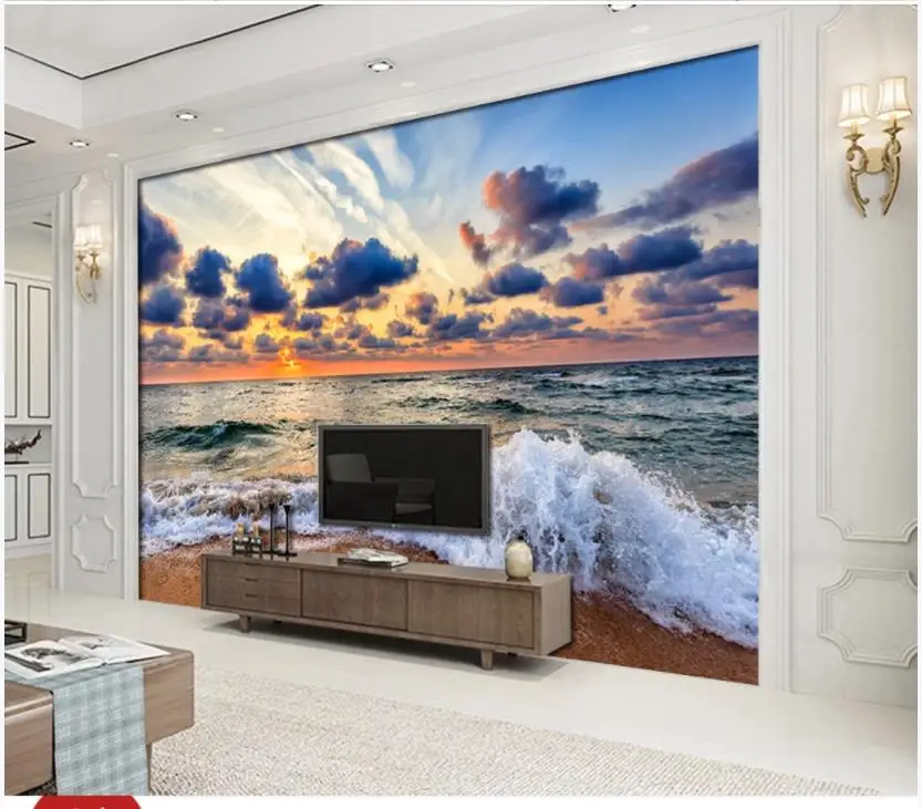 Фотообои для стен 3 d природа вышивка морской пейзаж Пляж Серфинг Восход закат