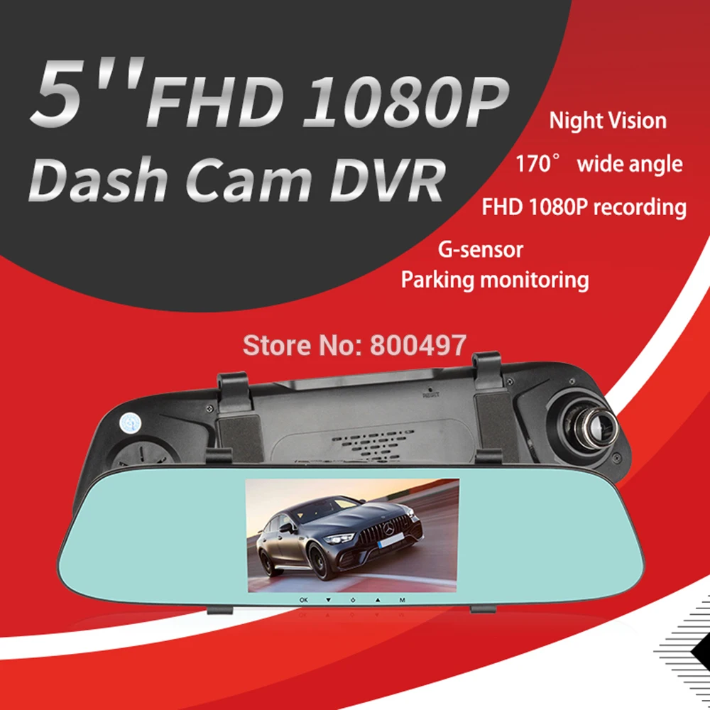 

Car DVR HD 1080P 5" Wide Angle IPS Rear View Mirror Camera Video Recorder Dual Lens G-Sensor Parking Motion Detection Dash Cam