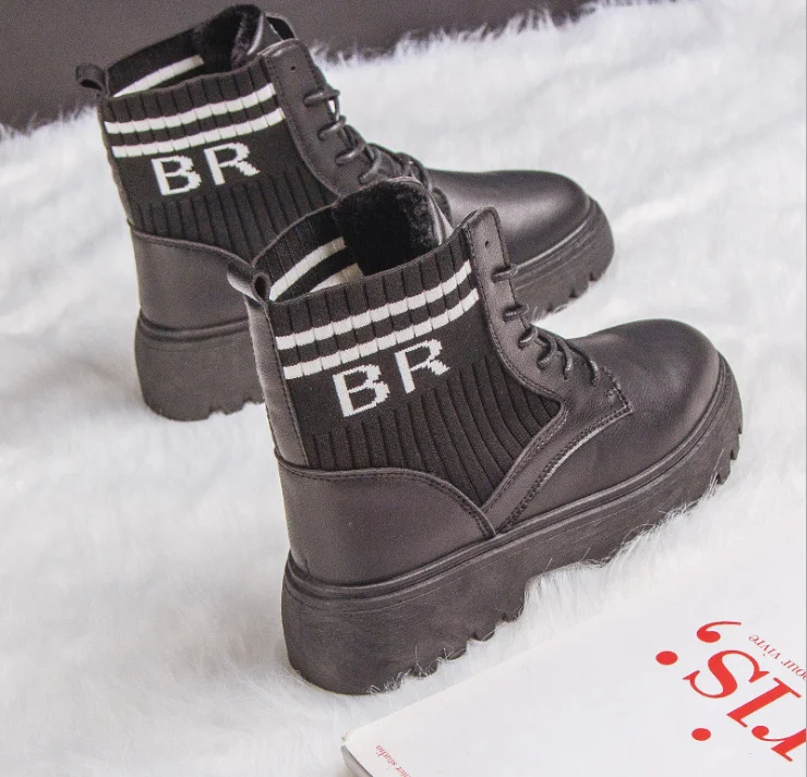 

Women's boots 2020 flat boots velvet casual lace-up boots