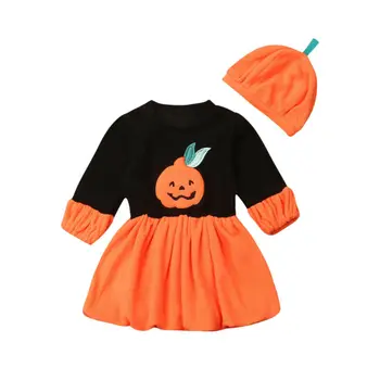 

2Pcs Halloween Kids Infant Baby Girls Pumpkin Clothes Long Sleeve Dress Hat Casual Girls Princess Costume Kids Party Dresses