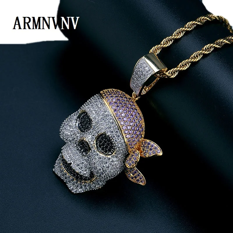 

Hip Hop Iced Out Headband Pirate Head Skull Skeleton Pendant Necklace Cubic Zircon Ice Cream Pirate Necklaces With Chain