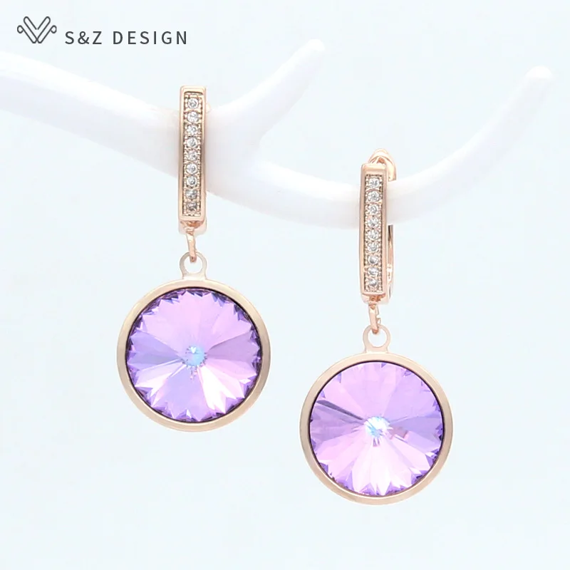 S&Z DESIGN New Luxury Elegant Colorful Round Crystal Dangle Earrings For Women Wedding 585 Rose Gold Color Jewelry