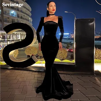 

Sevintage Cheap Black Long Sleeves Velvet Evening Dress Mermaid Sweep Train Prom Gowns Custom Made Special Occasion Gowns 2020