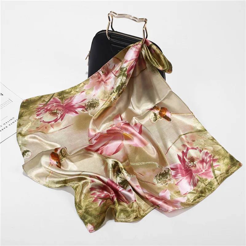 Новинка, 60x60 см, китайский стиль, цветочный принт лотоса, маленький квадратный шарф, женский элегантный шарф для шеи, головной убор, шарфы для женщин