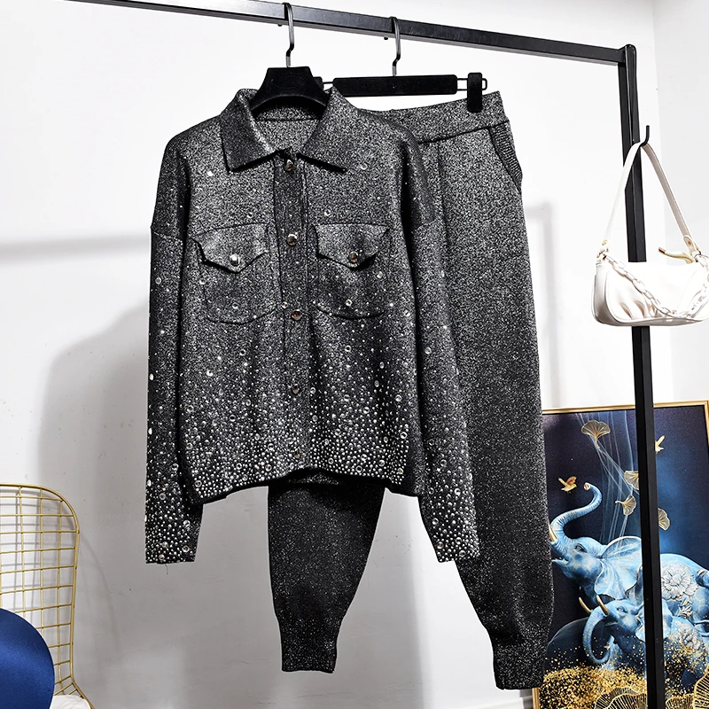 

2020 Autumn Women Clothing Fashion Bright silk Long sleeve Knitted Jacket + Casual Two Piece Set Women Tracksuit Pants Set H636