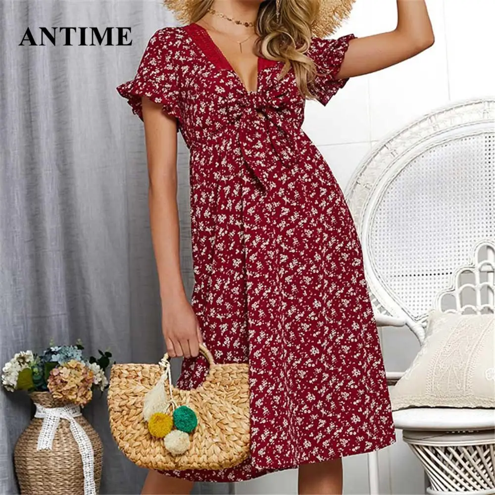 

Antime Women Dress Elegant Knee Length Bow A Line Sexy V Neck Short Sleeve Print Solid Red Midi Dress Summer