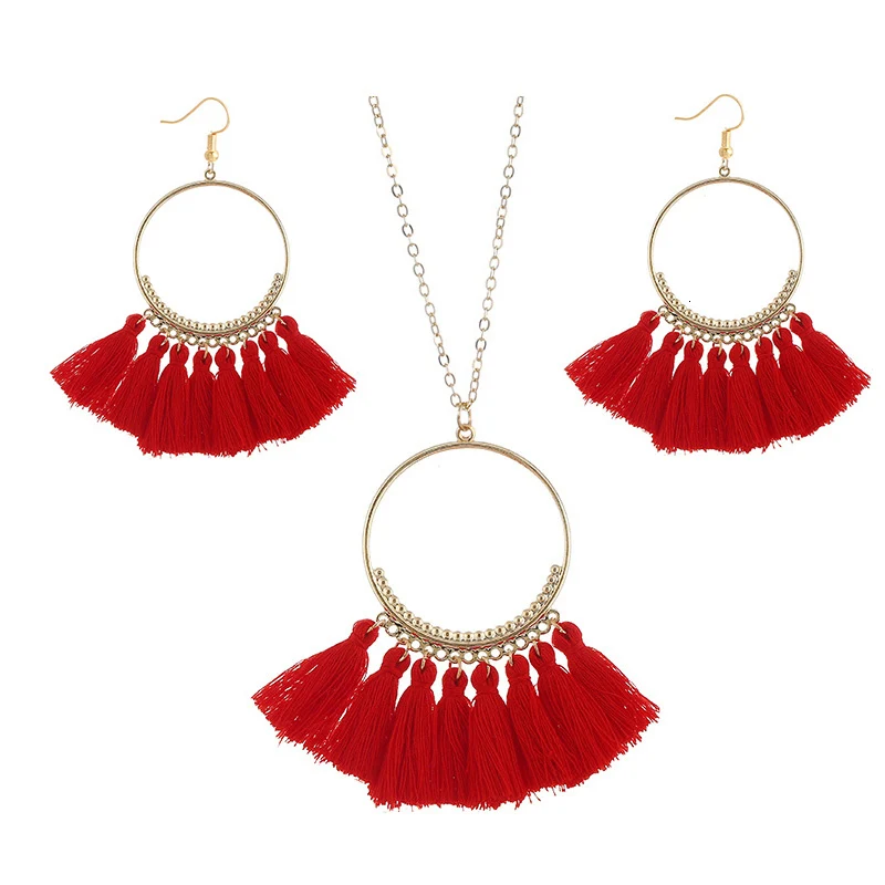 cjh024 Christmas Hoops Tassle Tassel Earrings Necklace Set Drop Fringe   Necklace Set