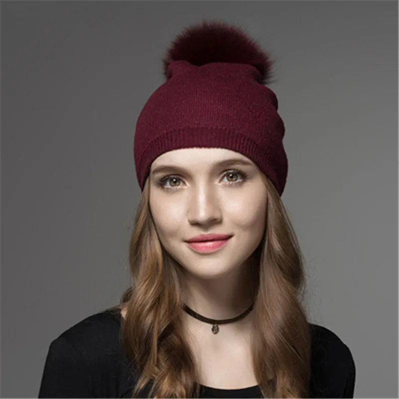 ARiby Women Wool Beret Hat Winter Autumn Pompom Beanies Hat Women Knitted Cashmere Casual Women's Cap Real Warm Fur Pompom Hats - Цвет: wine red