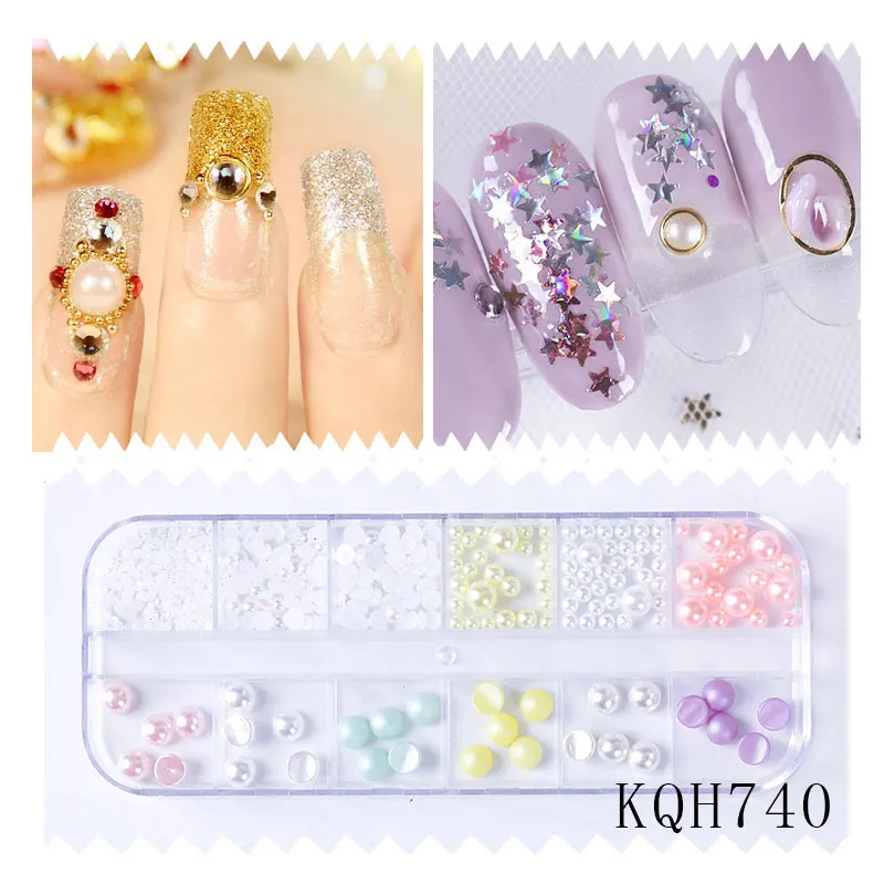 1 Box 12 Colors Multi-size 3D Nail Art Decorations Pearl/Rivet/Stones Flat-back Crystal Gems Rhinestones DIY Glitter Nail Sequin - Цвет: KQH740