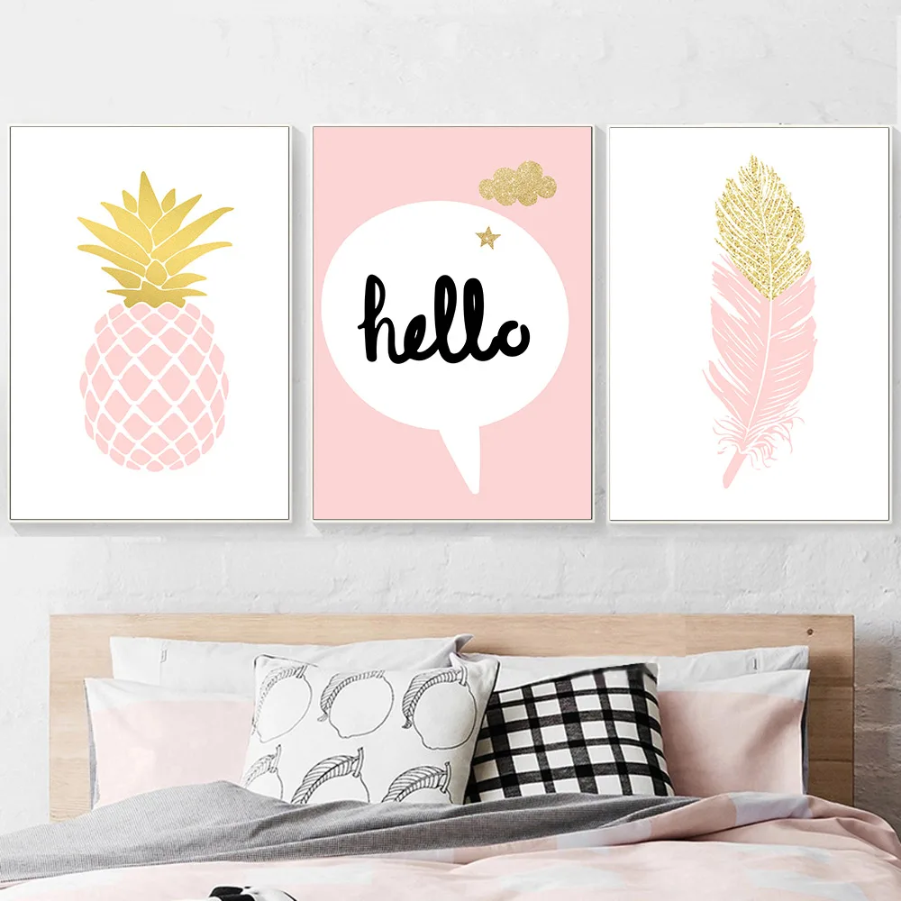 Розовый ананас холст с принтом перо плакат цитаты Hello Wall Art Холст Живопись постер