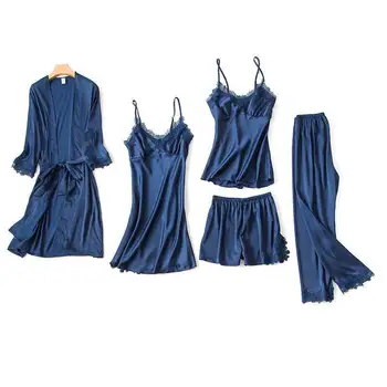 

5PCS Sleep Set Lady Lace Patchwork Nightwear Casual Sleepwear Kimono Bathrobe Gown Home Clothes Satin Pajamas Suit Pyjamas