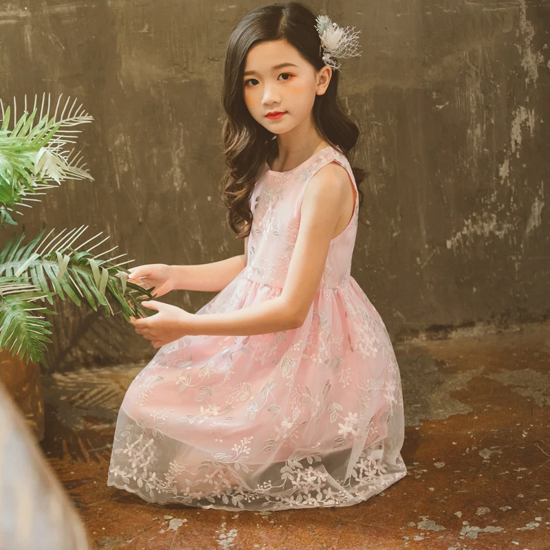 

3-12Y Summer Kids Girls Sleeveless Embroidered Mesh Princess Dress