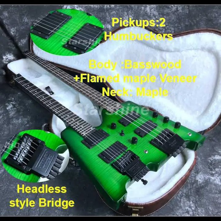 D-D1 Double Neck Headless Electric Guitar And bass Black Hardware Flamed Maple Top veneer Set in Joint