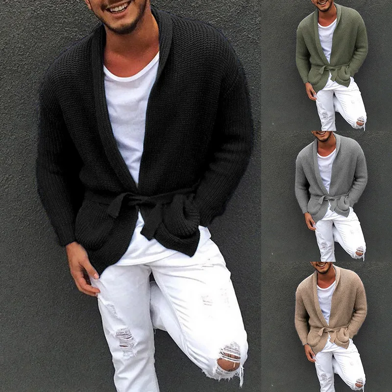 Men's Fashion Solid Color Long Sleeve Knitted Cardigans Males Shawl Collar Loose Slim Fit Lace Up Casual Sweater Coats New