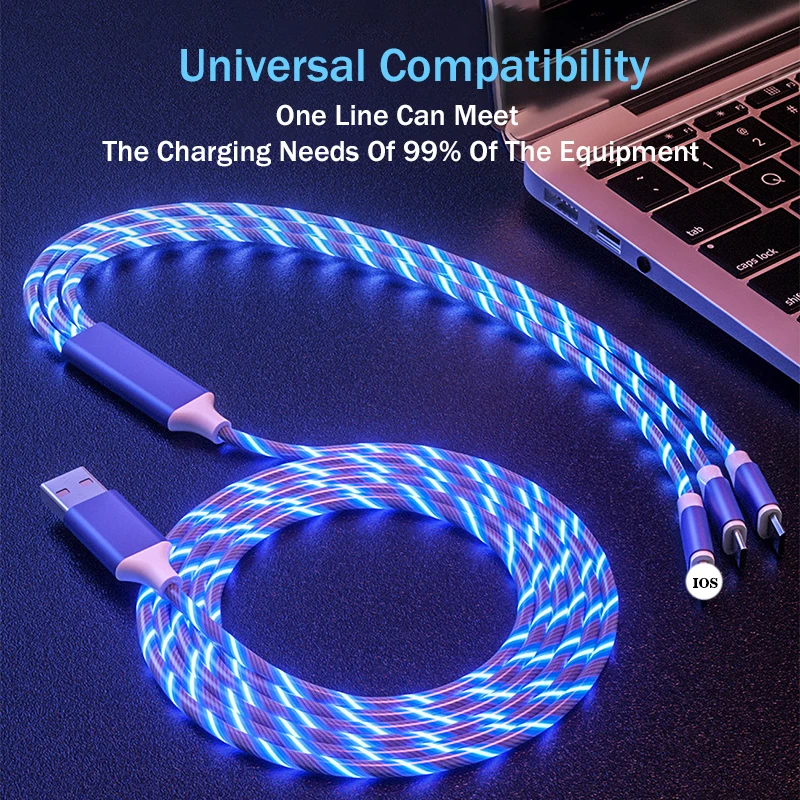 3 в 1 USB кабель для зарядного устройства светодиодный светящийся струящийся кабель Micro usb c для iPhone Android type C 2.4A Быстрая зарядка кабель для передачи данных