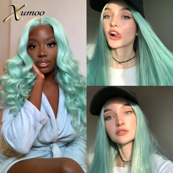 

XUMOO Cheap Long Wavy Synthetic Lace Front Wigs Mint Green Heat Resistant Synthetic Lace Front Wig With Baby Hair Wigs For Women