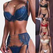 3 шт./компл. бюстгальтер+ трусики-стринги+ Подвязки Для женщин кружева сексуальное женское белье Babydoll бюстгальтер, набор со стрингами Ультра-тонкий прозрачный бюстгальтеры с украшением в виде кристаллов цепи