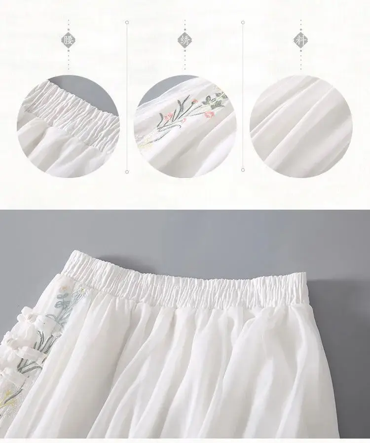 Vintage Embroidery Women Skirts Chiffon White Floral A-Line Knee-Length Female Skirts Clothing Top Quality green skirt