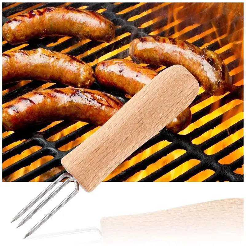 4 Pieces Stainless Steel Corn Holders Wooden Handle Hand Skewers Outdoor BBQ Anti Scalding Forks Garden Picnic Cooking Tools