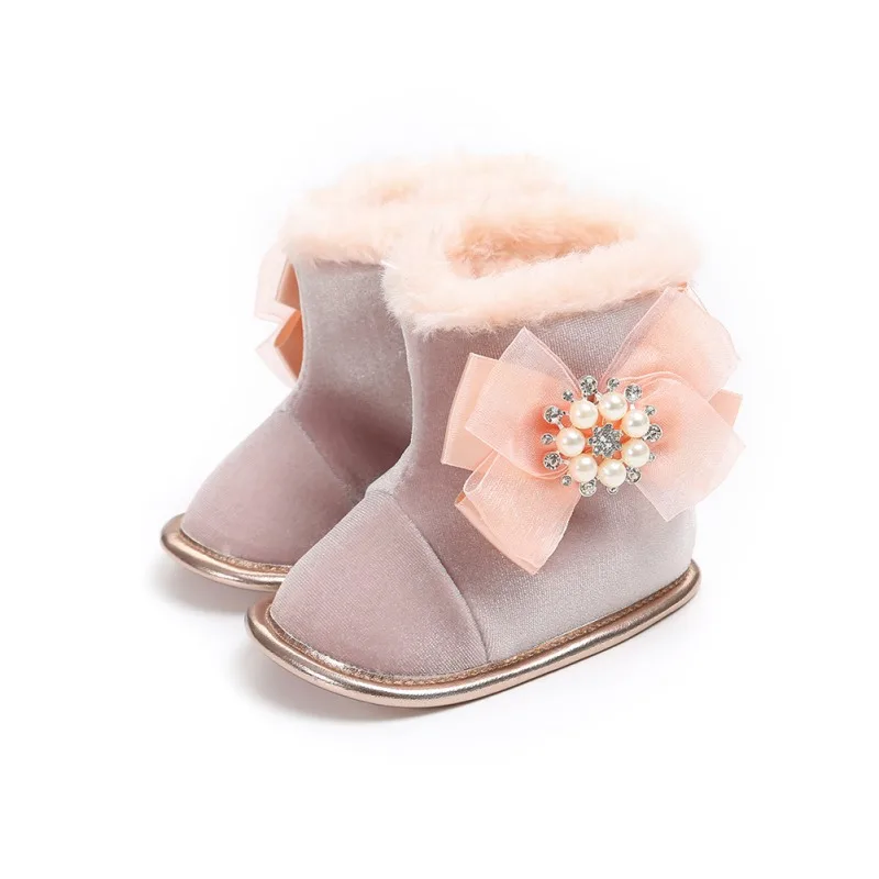 Модные зимние ботинки для новорожденных девочек; ботиночки на мягкой нескользящей подошве; очень теплая зимняя обувь с большим бантом