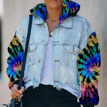 

Women Denim Jacket Autumn Hooded Long Sleeve Lapel Collar Outwear Vintage Hole Tie Dye Pocket Jacket Coats Female Plus Size