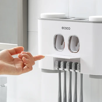 

Auto Toothpaste Dispenser Toothbrush Holder Set With 4 Cup For Bathroom Accessories Home Wall Mount Toothpaste Squeezer